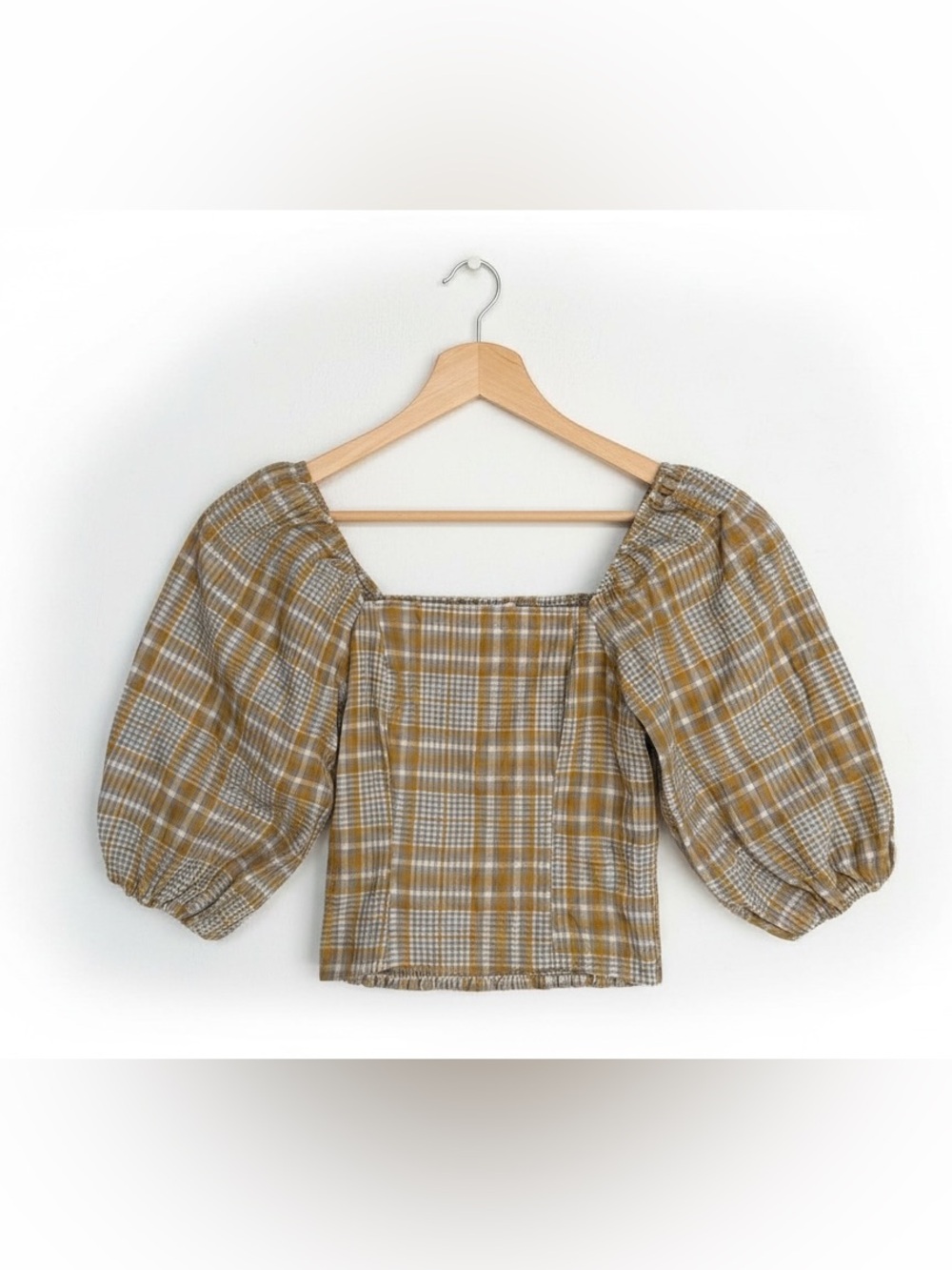 Maeve by Anthropologie yellow, grey plaid square neck top